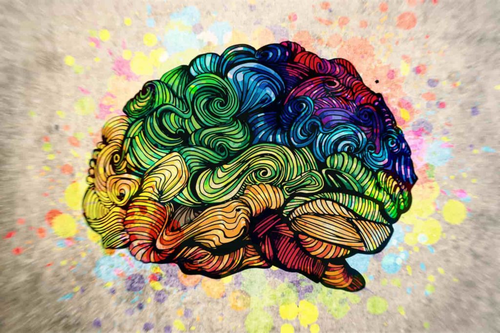 A graphic of a rainbow colored brain